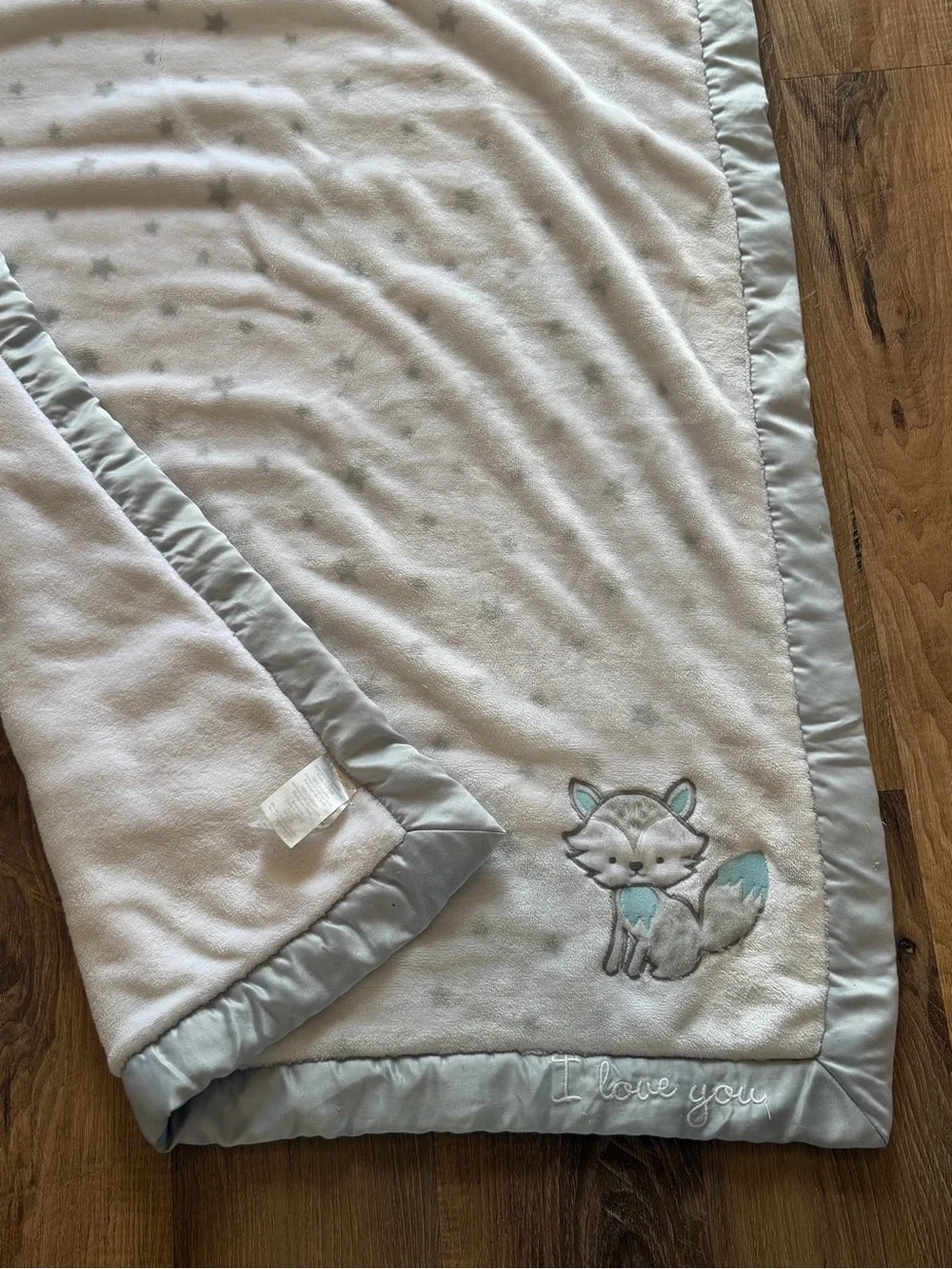 Wendy Bellissimo Gray stars blue Baby Blanket with Fox Embroidery - I Love You